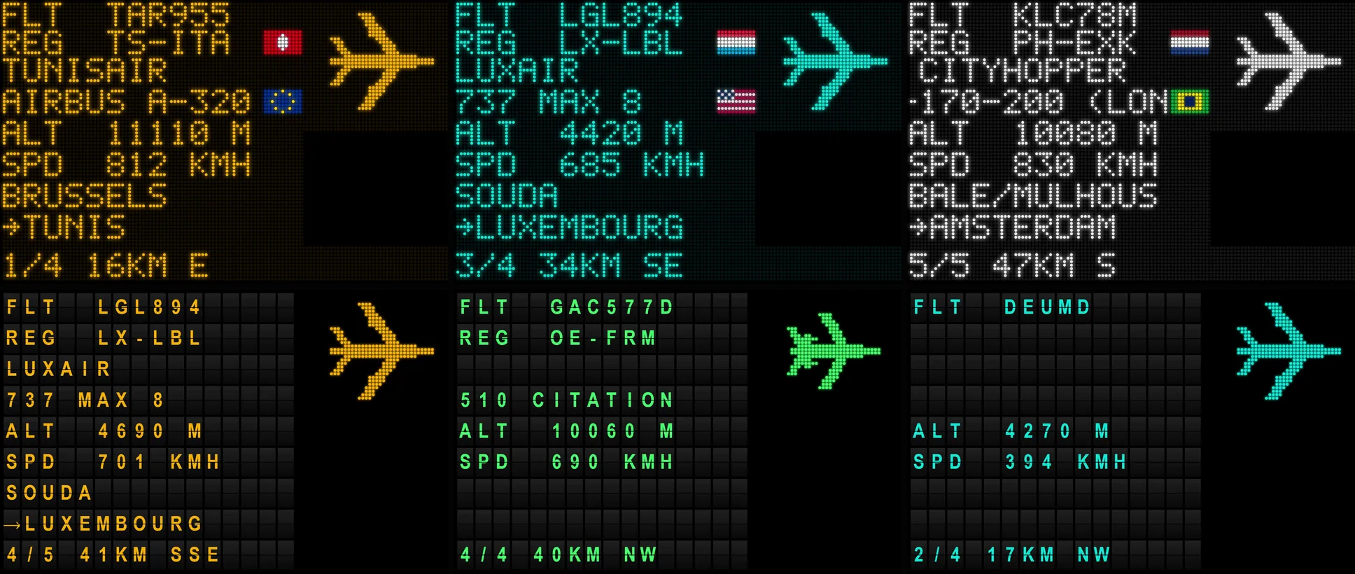 The wall in six looks: dot matrix in amber, turquoise and white above; split-flap in amber, green and turquoise below